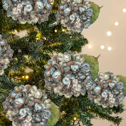 Hollyone Christmas Tree Ornaments 3Pcs Artificial Hydrangea Flowers with Clips Glitter Fake Hydrangea Flower for Christmas Tree Floral Vintage Faux Hydrangea for Wedding Party Xmas Blue