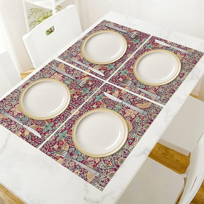 William Morris Floral Placemats Strawberry Thief Red Art Printed Dining Table Mats Set of 4 for Home Kitchen Holiday Picnic Party Decoration 12x18in
