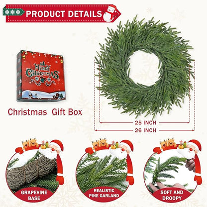 26 Inch Christmas Wreaths for Front Door Real Touch Large Xmas Winter Pine Cedar Wreaths for Windows Outdoor Indoor Christmas Holiday Home Yard Farmhouse Wall Front Door Porch Hanging Decor Clearance