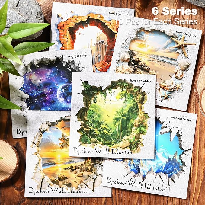 60Pcs Broken Wall Illusion Scrapbook Stickers, PET Fantasy Ephemera for Journaling, Craft Supplies and Junk Journal
