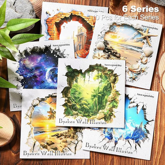 60Pcs Broken Wall Illusion Scrapbook Stickers, PET Fantasy Ephemera for Journaling, Craft Supplies and Junk Journal