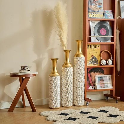 Floor Vases, Tall Home Decor Metal Vase Set of 3 Large Glazed Decorative Vases for Wedding Decor, Elegant Modern Flower Holder for Living Room, Entryway, Hallway, Dining Room