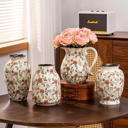 Green and White Vintage Vase with Handle, Red Rose Chinoiserie Floral Pitcher Vase, Rustic Ceramic Farmhouse Vases for Home Decor, Living Room, Bookshelf, Office, Grand Millennial Decor 7.9 Inch