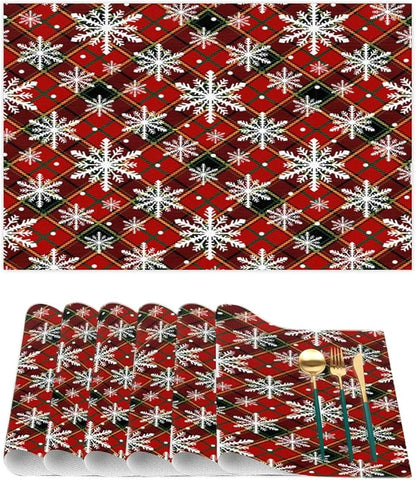 Christmas Xmas Waffle Art Snowflake Placemats Set of 4 PVC Vinyl Non Slip Table Mats Heat Resistant Place Mats Washable Wipeable Dining Table Mat for Kitchen Decor Party Indoor Outdoor Decorative Gift