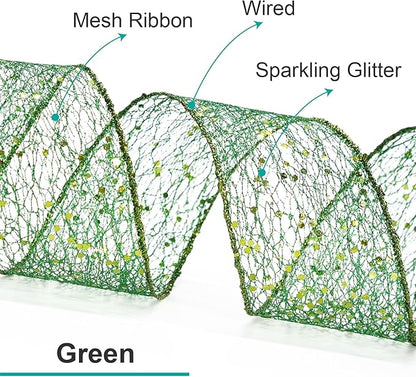 CT CRAFT LLC Sparkling Glitter Mesh Wired Ribbon 4" x 10 Yards Green for Christmas Home Decor Bow Gift Wrapping DIY Crafts Wreath