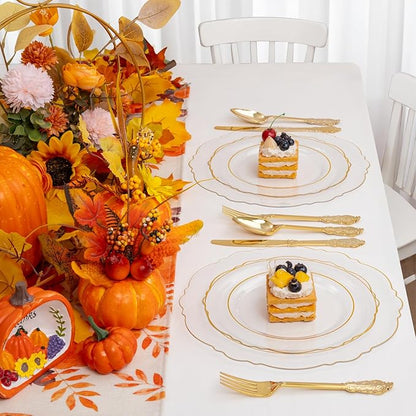YOUBET 125PCS Thanksgiving Plastic Plates - Clear Gold Disposable Plates - 25 Guests Baroque Plastic Dinnerware Includes 25Dinner Plates, 25Dessert Plate, 75Silverware for Party & Wedding