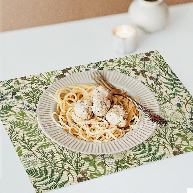 Retro Botanical Placemats Set of 6, 17x12 Inch Rustic Farmhouse Green Leaves Vintage Plants Aesthetic Table Mats for Home Party Kitchen Dining Decor