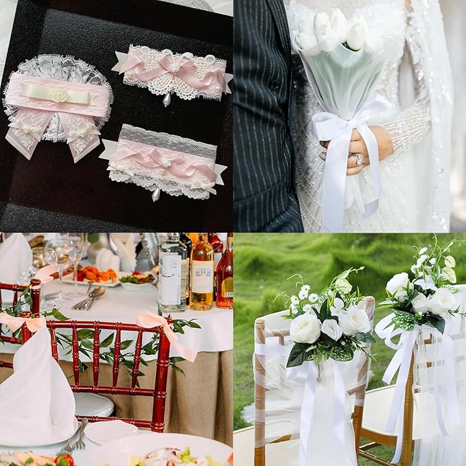 Double Face White Satin Ribbon 5/8 inch X 50 Yards Polyester White Ribbon for Gift Wrapping Very Suitable for Weddings Party Hair Bow Invitation Decorations and More