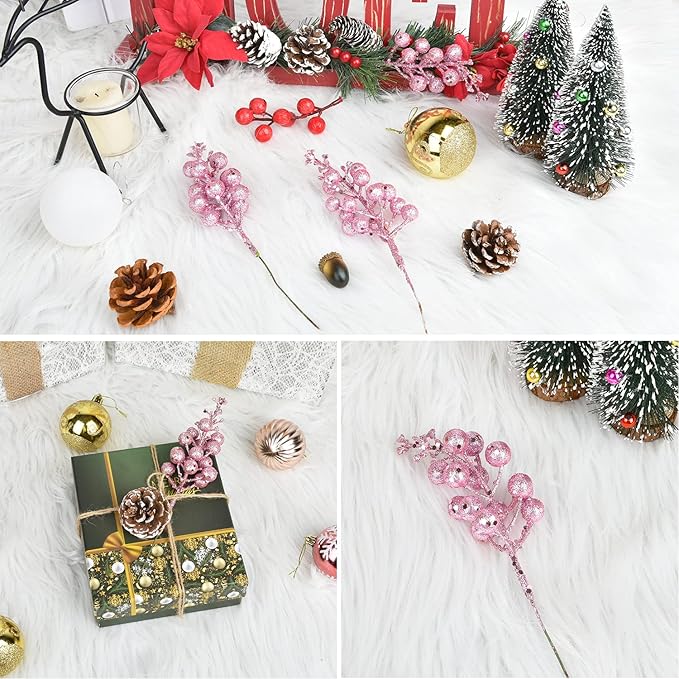 14 Pack Christmas Glitter Berries Stems Clearance, 7.8 Inch Artificial Pink Christmas Picks for Christmas Tree Ornaments, DIY Xmas Wreath, Crafts, Holiday and Home Decor (Pink)