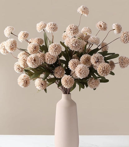 HyeFlora Fake Kiku Flowers,Faux Silk Pompon Mums 40heads Artificial Flowers,Chrysanthemum Stems Floral Arrangement Dried Flowers Vintage Decorative Indoor Home Vase Decor Beige