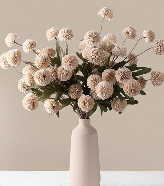 HyeFlora Fake Kiku Flowers,Faux Silk Pompon Mums 40heads Artificial Flowers,Chrysanthemum Stems Floral Arrangement Dried Flowers Vintage Decorative Indoor Home Vase Decor Beige