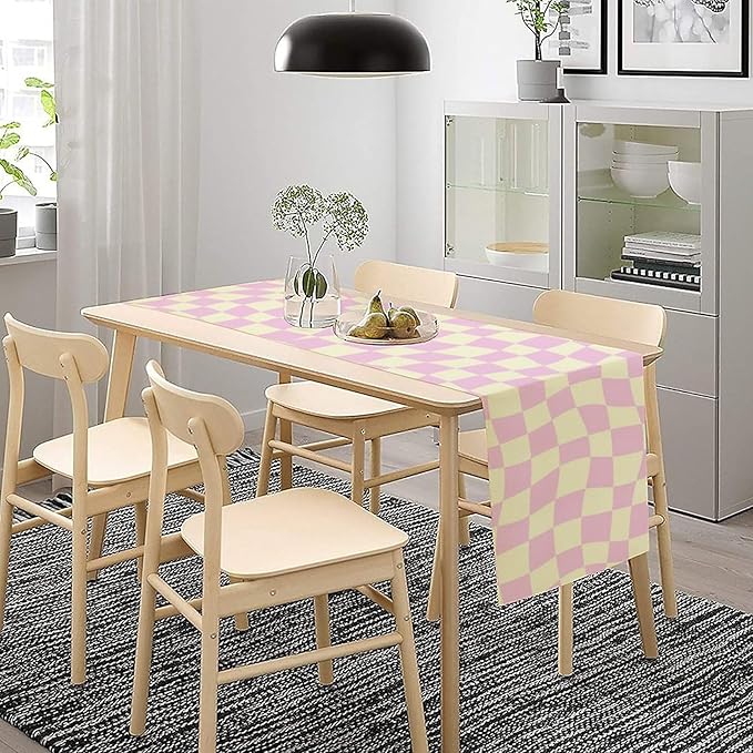 Hippie Table Runner Retro Geometric Square Purple Grid 60s70s Style Kitchen Restaurant Decoration for Indoor and Outdoor Wedding Party Table Runner 13x36 Inch
