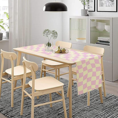Hippie Table Runner Retro Geometric Square Purple Grid 60s70s Style Kitchen Restaurant Decoration for Indoor and Outdoor Wedding Party Table Runner 13x120 Inch