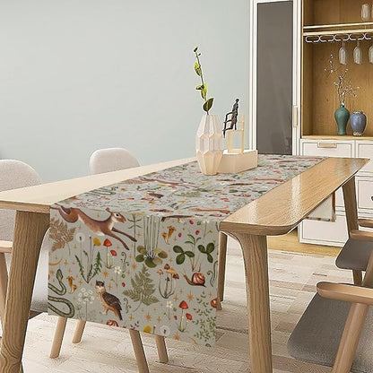 Rustic Forest Table Runner, Retro Country Wild Animals Hare Squirrel Owl Snake Snail Flowers Mushroom Print Table Cover for Home Holiday Party Indoor Outdoor, 13x90inch
