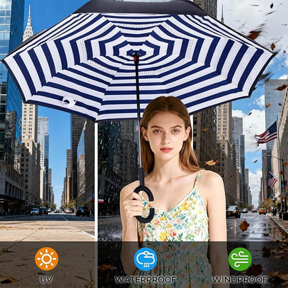 Inverted Umbrella, 49 Inch Double-Layer Vented Reverse Umbrella, Windproof Waterproof UV Protection, Lightweight C-Handle, Fiberglass Ribs, Steel Shaft, Travel/Commute/Car Use, With Sleeve