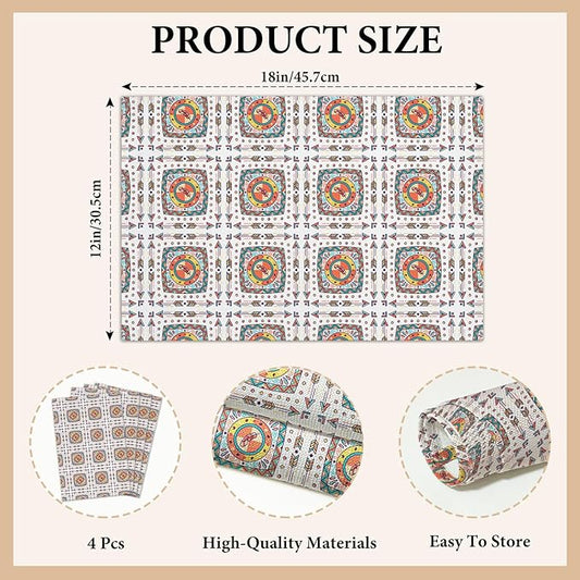 Cotton Linen Waterproof Placemats Set of 4, Boho Style Colorful Dining Mat Table Mats Decor Fabric for Kitchen Dinner Coffee Shop Table, Indoor/Outdoor Washable Wipeable Place Mat -N016