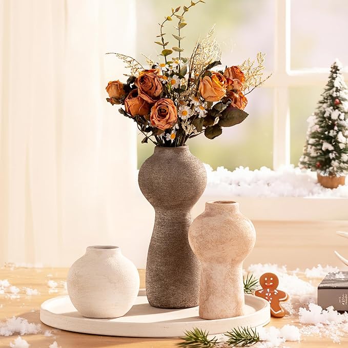 Ceramic Vase Home Table Decor - Flower Vase Set of 3 Living Room Kitchen Decorations Farmhouse Modern Rustic Vases Decorative Centerpiece for Shelf Bedroom Office Bathroom Dining Coffee Desk