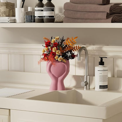 8 Inch Heart Hand White Ceramic Vase - Unique Modern Aesthetic Flowers Vase for Living Room Bedroom Office Kitchen Table Centerpiece or Shelf Decor - Gifts for Wedding Bridal Shower Women Mom (Pink)