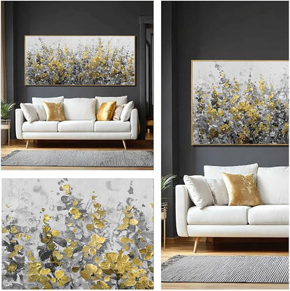 WINKAILIN Black Gold Wall Art Abstract Oil Flower Canvas Grey Painting Modern 32x70 Plant Artwork with Frame for Living Room Office Decoration