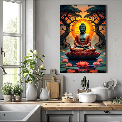 Canvas wall art Golden Buddha on lotus at sunset Ancient trees with reflections on water Serene meditation scene Uplifting wall art for mindfulness and tranquil home decor 12x18in Frameless