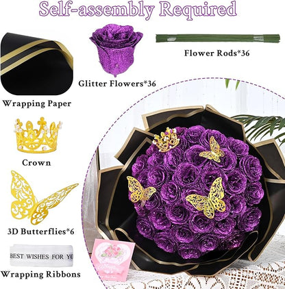 Waipfaru 36 Pcs Glitter Roses Bouquet, DIY Fake Flowers Bouquet, Artificial Purple Rose Bouquet for Valentines, Mothers Day Gifts, Anniversary, Engagement, Wedding