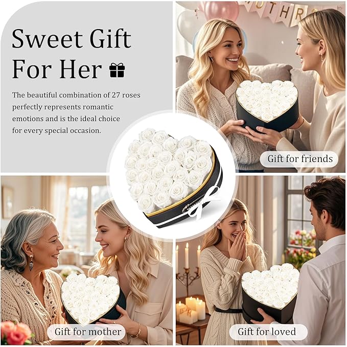 27 Preserved Roses in Heart Shape Gift Box for Her - Forever Flowers for Delivery, Eternal Rose Mothers Gifts for Mom, Wife Anniversary Birthday Gifts for Women, White