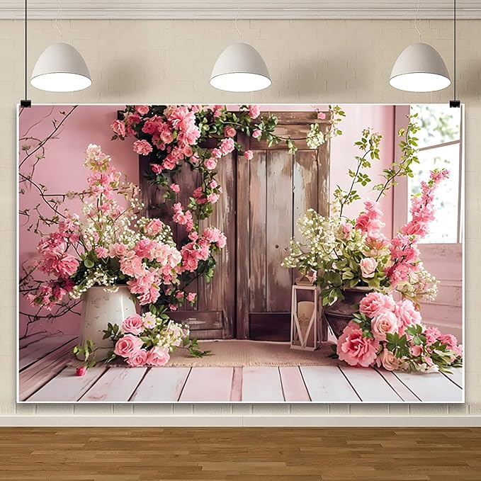 AOTOFO 12x8ft Rustic Wood Floral Backdrop for Baby Shower Newborn Studio Picture Photography Wooden Door Pink Flower Wall Background Wedding Bridal Shower Birthday Party Photoshoot Booth Banner