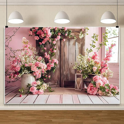 AOTOFO 6x4ft Rustic Wood Floral Backdrop for Baby Shower Newborn Studio Picture Photography Wooden Door Pink Flower Wall Background Wedding Bridal Shower Birthday Party Photoshoot Booth Banner