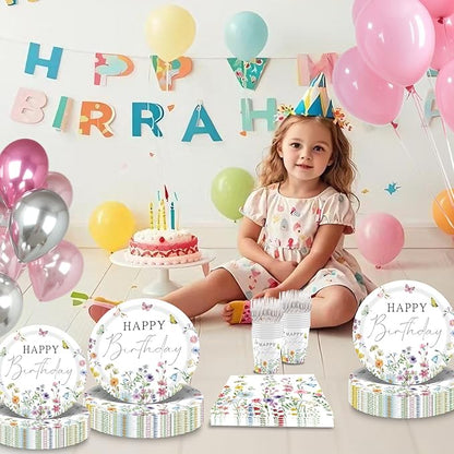 Wildflower Birthday Party Decorations for Girls Women, Banner Centerpieces Cupcake Toppers Tablecloth, Spring Floral Paper Plates Napkins Cups Forks Straws Supplies Serve 20
