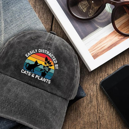 Funny Cats Plants Distressed Washed Black Baseball Caps Easily Distracted by Cats & Plants Printed Cotton Adjustable Hats Christmas Birthday Gifts for Women Men Friend Cat Lover Plant Lover
