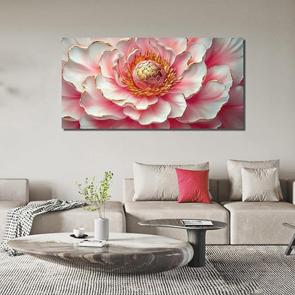 Elegant Pink & White Peony Floral Canvas Wall Art with Gold Accents, Abstract Flower Pictures for Living Room Bedroom Wall Decor, Printed Painting Artwork Home Decorations, Large Size 58x29 Inches
