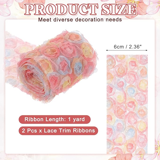 uxcell 2PCS Lace Trim Ribbon, 2.36 inch - 1 Yard 3D Rose Floral Embroidery Ribbons Edge Trimming for Sewing, Wedding Dress, DIY Crafts, Decoration Accessories, Pink Yellow