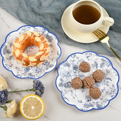 Blue Floral Party Plates Vintage Floral Leaf Disposable Paper Plates Wildflower Blue Toile 7" Scalloped Rim Dessert Plates for Christmas Birthday Bridal Tea Party Supplies (48)