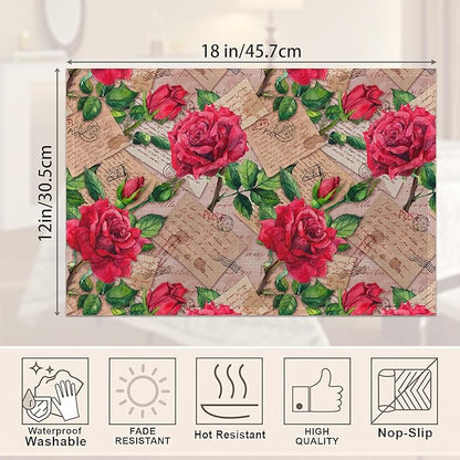 Red Rose Flower Placemats Set of 6,Stamp Vintage Linen Washable Kitchen Dining Table Mats Heat Resistant Place Mats for Home Party Indoor Holiday 12x18 Inch