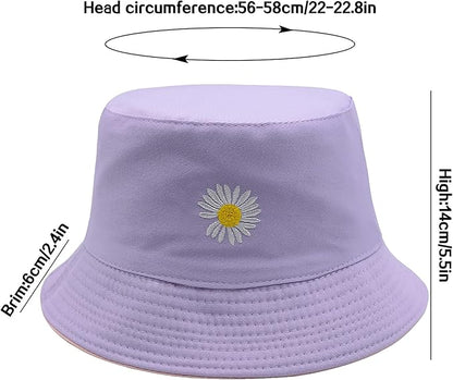 Flower Reversible Bucket Hat Cotton Summer Travel Beach Sun Hats Emboridery for Women Men