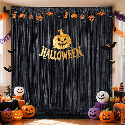 9.6x8FT Black Sequin Curtains: Photo Backdrop Drapes 2 Pieces 4.8x8FT Birthday Backdrop for Hallween Decorations Arch Backdrop