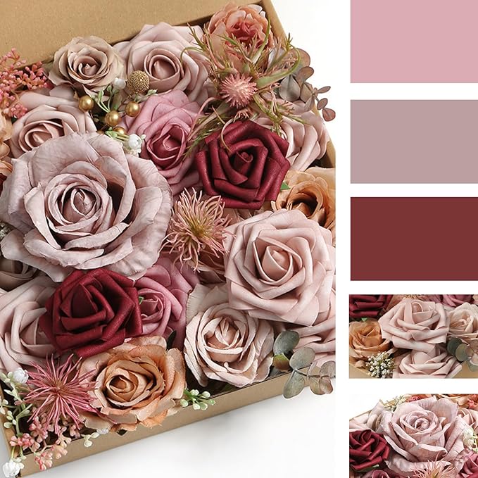 ASTRYAS 39PCS Dusty Rose Artificial Flowers Combo Box Set Fake Roses Flowers Burgundy Brown Faux Flower with Stem for DIY Wedding Bridal Bouquet Table Centerpieces Floral Arrangement Home Decor