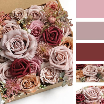 ASTRYAS 39PCS Dusty Rose Artificial Flowers Combo Box Set Fake Roses Flowers Burgundy Brown Faux Flower with Stem for DIY Wedding Bridal Bouquet Table Centerpieces Floral Arrangement Home Decor