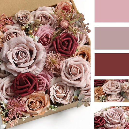 ASTRYAS 39PCS Dusty Rose Artificial Flowers Combo Box Set Fake Roses Flowers Burgundy Brown Faux Flower with Stem for DIY Wedding Bridal Bouquet Table Centerpieces Floral Arrangement Home Decor
