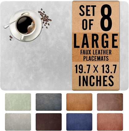 UnivoColors Washed Cowhide Pattern Faux Leather Big Size Placemats Set of 8, Waterproof Easy to Clean Anti-Slip PU Table Mats for Party Decoration19.7″×13.6″,Light Grey Retro Cowhide Pattern