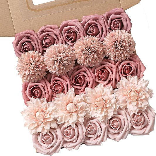 Artificial Flowers Combo Box Set Gradient Color Flower Leaf with Stems for DIY Wedding Bouquets Centerpieces Baby Shower Party Home Decorations（Pink Purple）