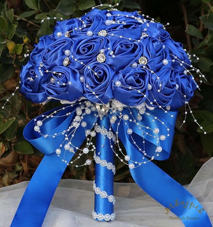 Bridal Wedding Bouquet Round Bling Brooch Bouquet Throw Toss Artificial Rose Flower Bunch for Bride Bridesmaid Wedding Quinceanera(Royal Blue, 8.7")