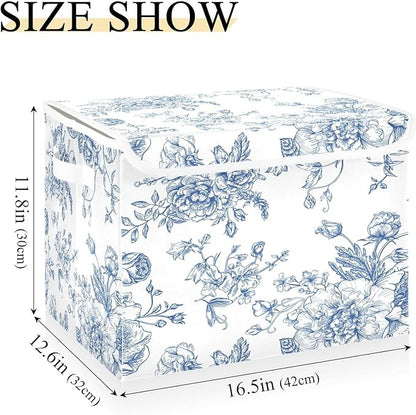 susiyo Bouquet Of Blue Flowers Floral Storage Bin Large Collapsible Storage Box Stackable design Fabric Storage Bins with Lids Decorative Multi-Color Foldable Organizing Baskets For Closet, Utility Ro