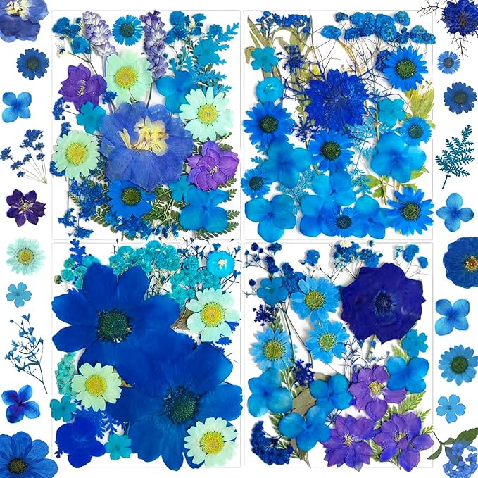 94Pcs Blue Dried Pressed Flowers for Resin Molds, Assorted Real Natural Bulk Dry Floral Leaves for DIY Art Crafts, Epoxy Jewelry, Candle, Soap Making, Nails Decors Gifts