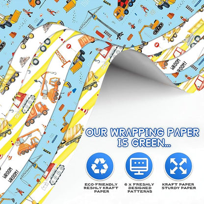 Gift Wrapping Paper Boy Kids Birthday Wrapping Paper Sheet Bulldozer Mixers Dumper Vehicles Pattern Excavator Tractor Dump Truck Road Under Construction Digger Wrapping Paper Birthday Gift Wrap