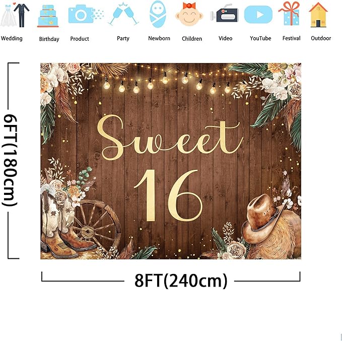 SVBright Sweet 16 Backdrop 8Wx6H Western Cowgirl Retro Boho Pampas Grass Country Flower Floral West Rustic Wooden Boots Hat Farmhouse Decorations Photography Background Banner Photo Booth Studio