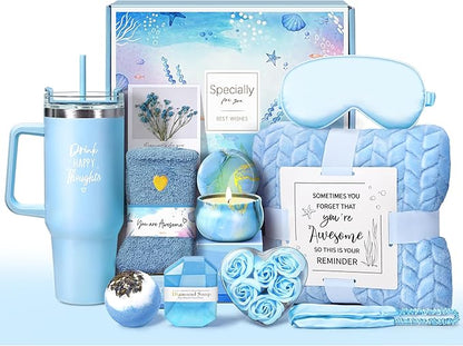 Birthday Gifts for Women, Self Care Get Well Soon Gifts, Ocean Relaxing Spa Gift Basket w/ Luxury Flannel Blanket & 40 oz Tumbler, Thinking of You Gifts, Christmas Gift for Mom Wife Sister Friend