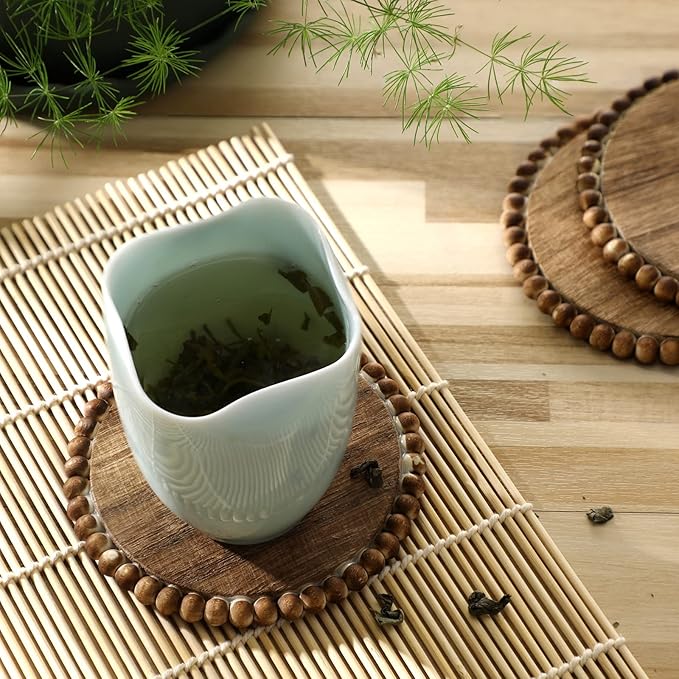 Honeydak 4 Pieces Wood Beaded Coasters 3.9 Inch Round Rustic Farmhouse Wooden Coasters for Drinks Decorative Table Top Wood Bar for Housewarming Home Kitchen(Dark Brown)
