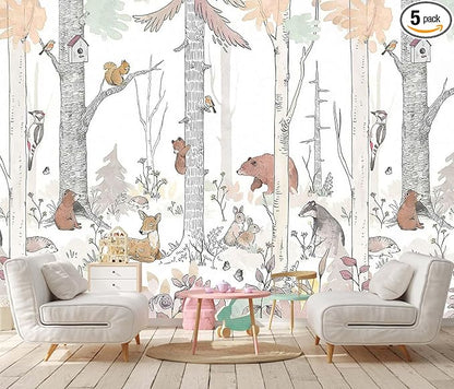 Kids Tree Wallpaper Mural Cute Animals Plants Birds Wallpaper for Nursery Boys Girls Bedroom Living Room (Not Self-Adhesive)