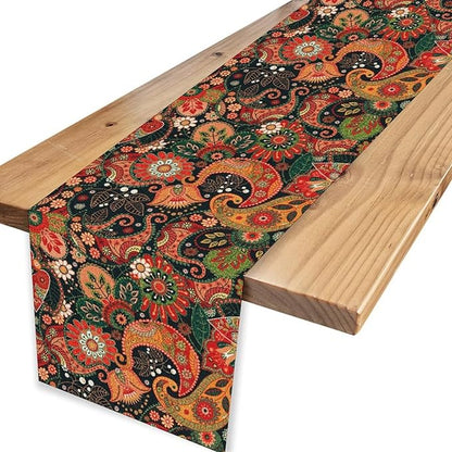Vintage Paisley Table Runner, Colorful Retro Damask Antique Floral Flower Boho Damask Swirled Print Table Center Decor for Family Kitchen Table Decorations Indoor Outdoor 13x90 inch